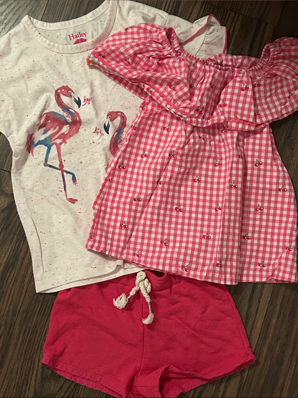 Hatley Pink Gingham Ruffle Top, Flamingo Graphic Tee & Magenta Shorts